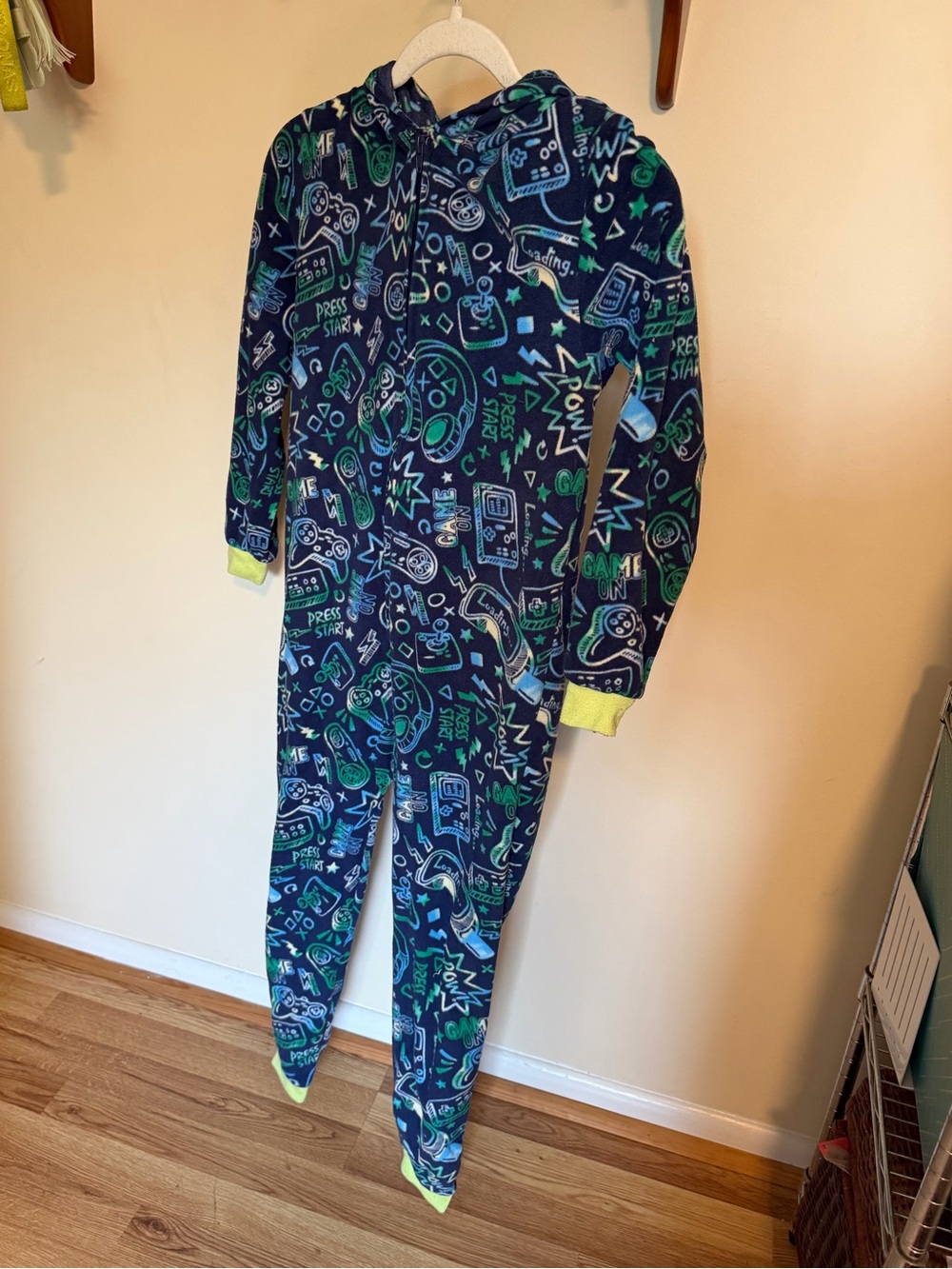 Medium (8/10) Navy Blue gaming pattern Sleep onesie / union suit
